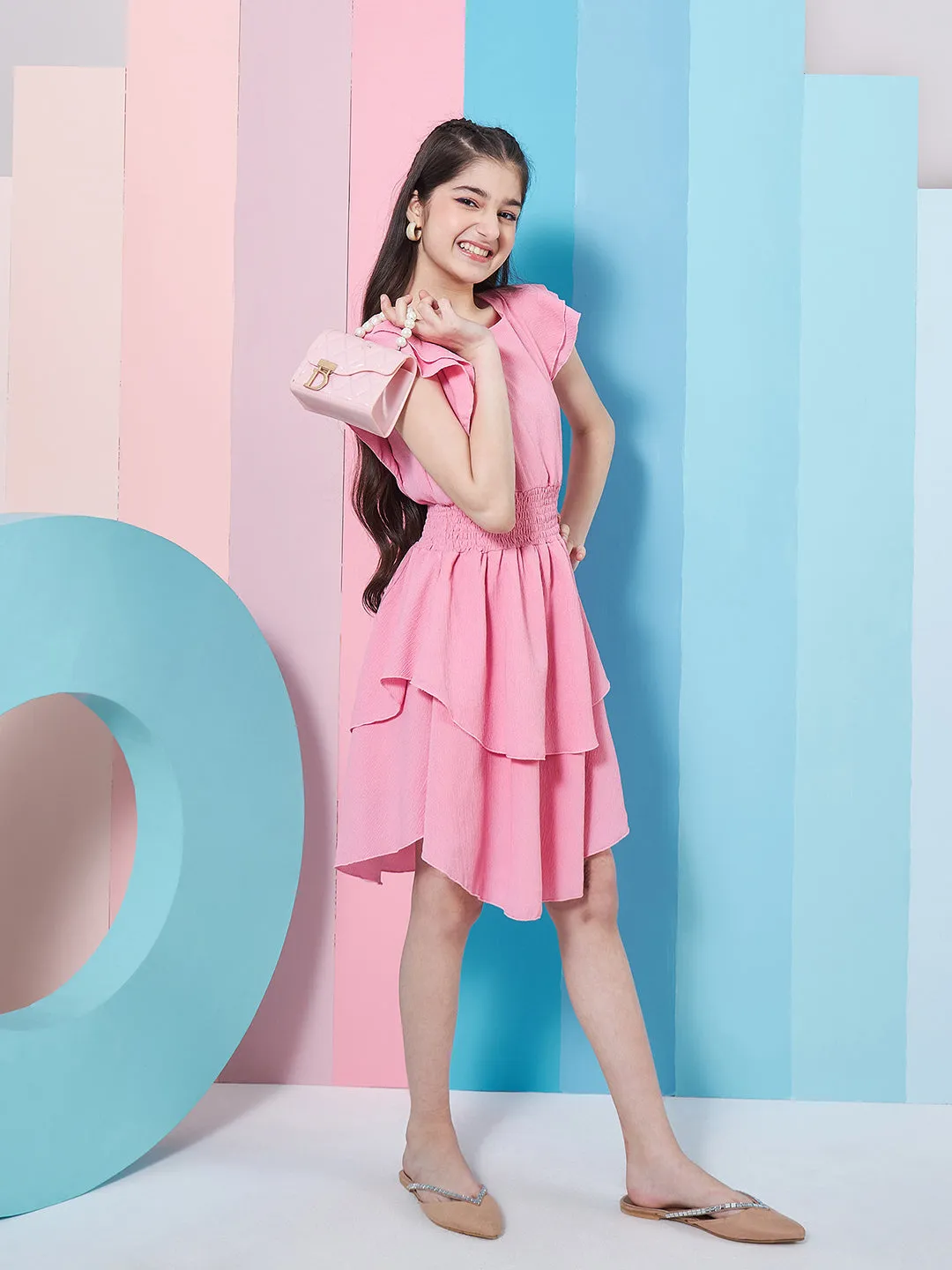 Girls Flutter Sleeve Layered Crepe Fit Flare Dress - PS Peaches