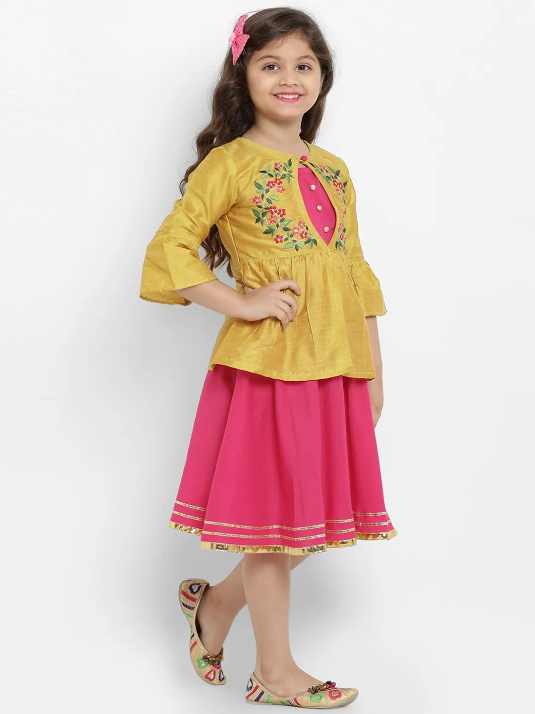 Girl's Yellow & Pink Floral Fit And Flare Dress  - NOZ2TOZ KIDS