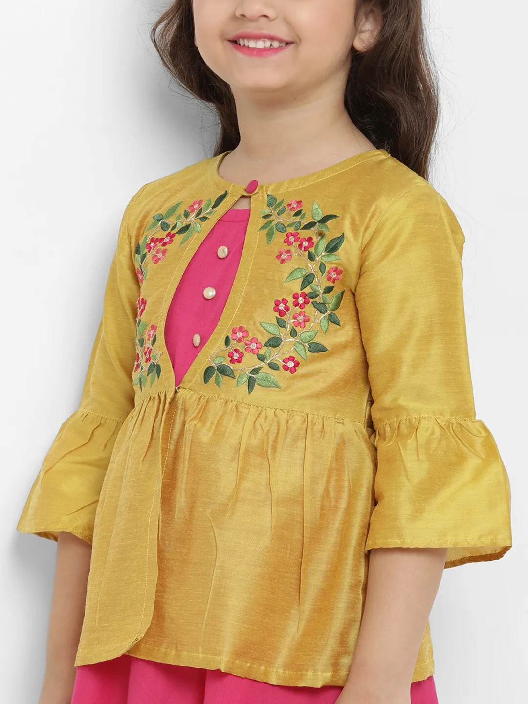 Girl's Yellow & Pink Floral Fit And Flare Dress  - NOZ2TOZ KIDS