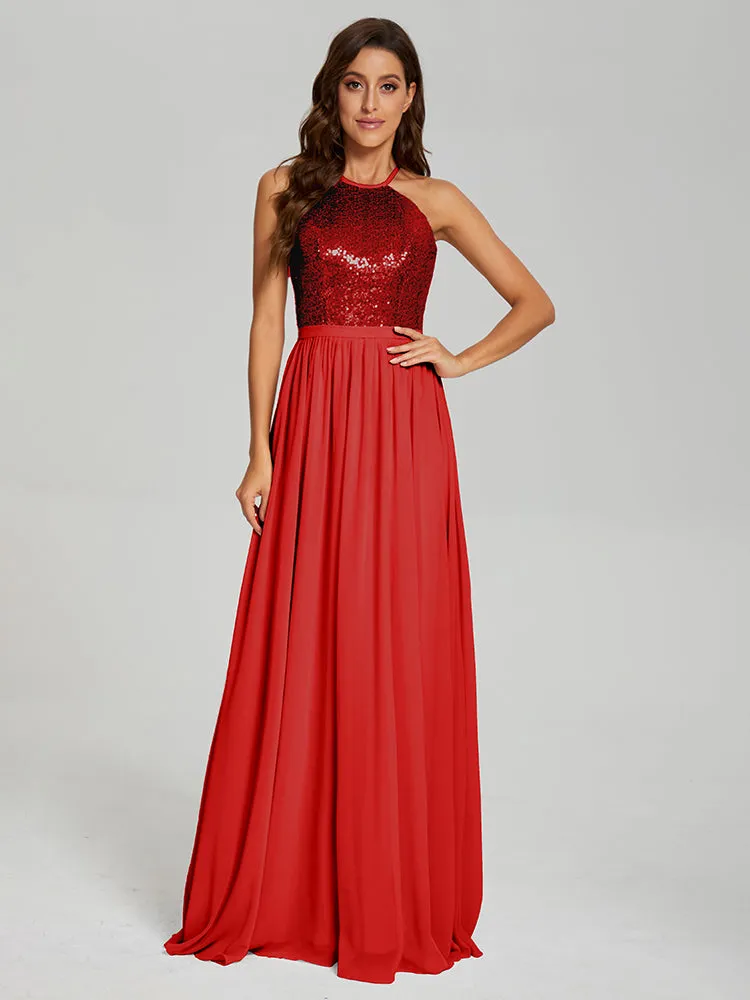 Halter A-Line Sequins Prom Dresses With Split