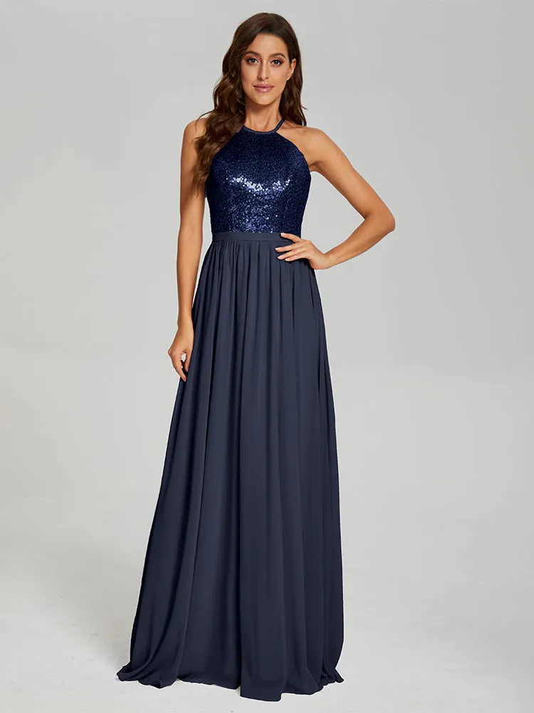 Halter A-Line Sequins Prom Dresses With Split