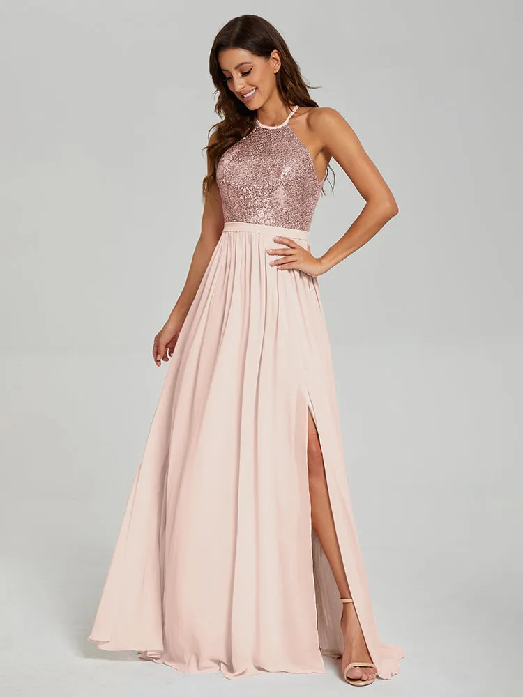 Halter A-Line Sequins Prom Dresses With Split