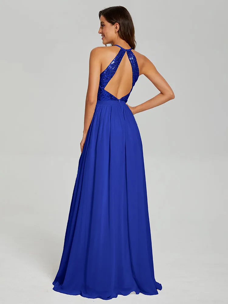 Halter A-Line Sequins Prom Dresses With Split