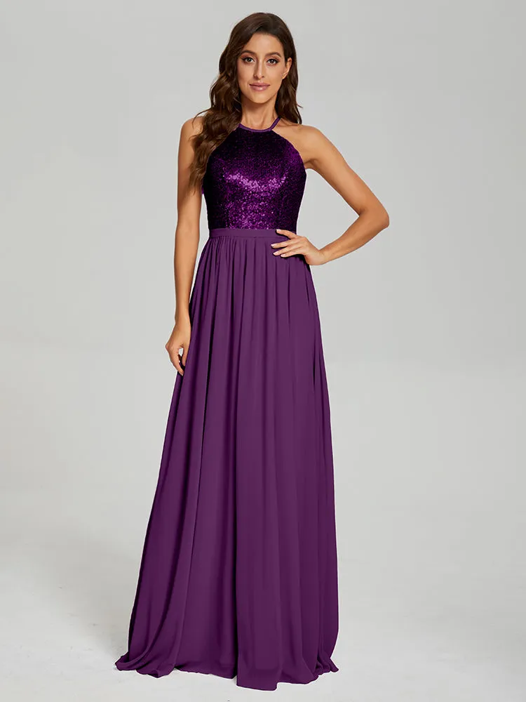 Halter A-Line Sequins Prom Dresses With Split