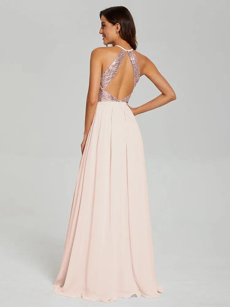 Halter A-Line Sequins Prom Dresses With Split