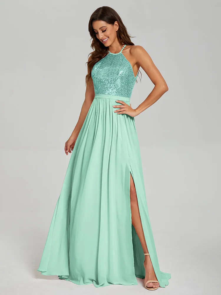 Halter A-Line Sequins Prom Dresses With Split