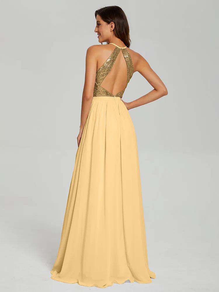 Halter A-Line Sequins Prom Dresses With Split