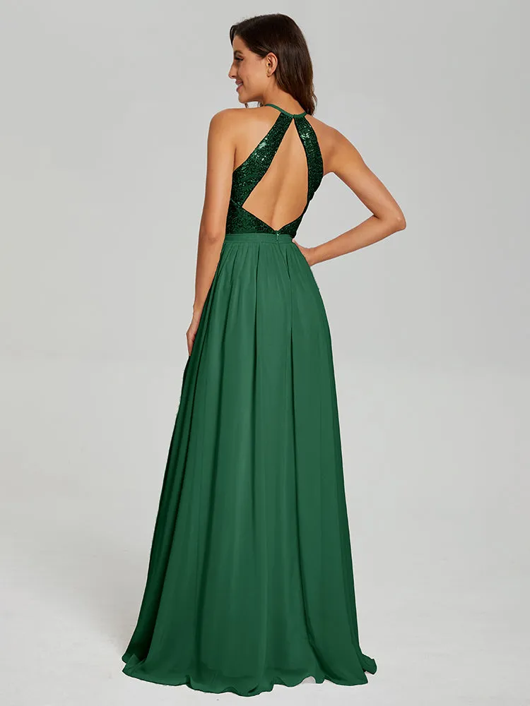 Halter A-Line Sequins Prom Dresses With Split