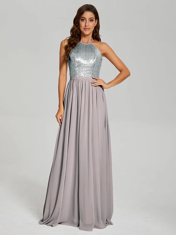 Halter A-Line Sequins Prom Dresses With Split