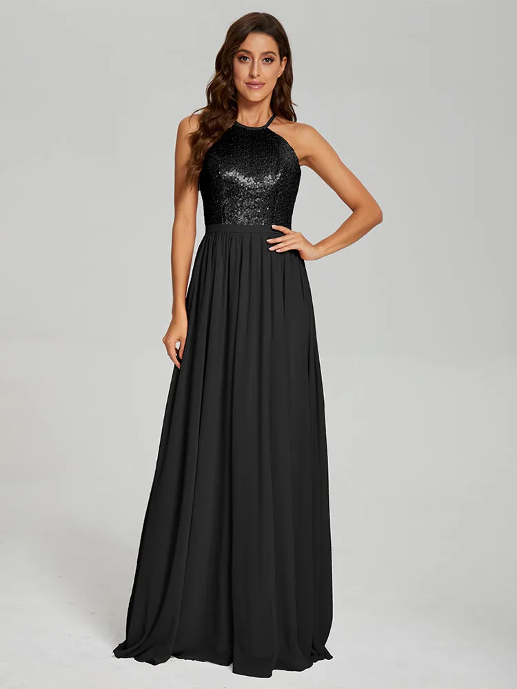 Halter A-Line Sequins Prom Dresses With Split