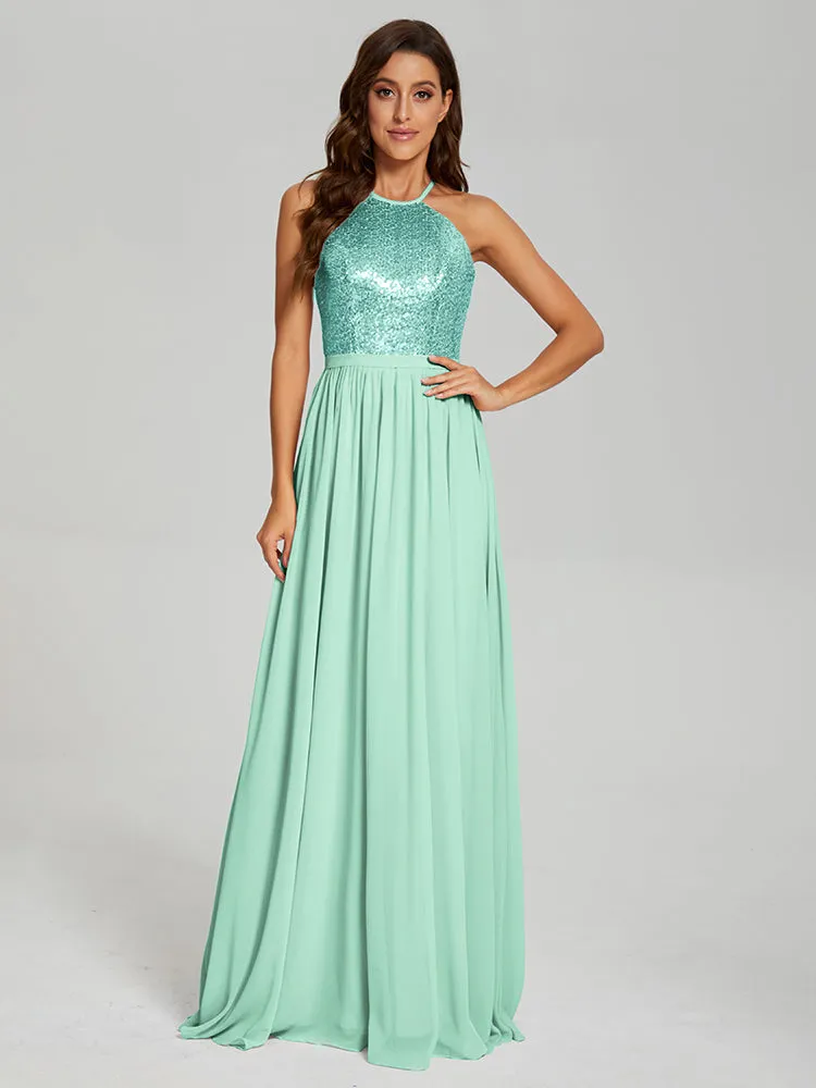 Halter A-Line Sequins Prom Dresses With Split