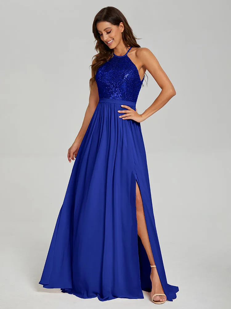 Halter A-Line Sequins Prom Dresses With Split