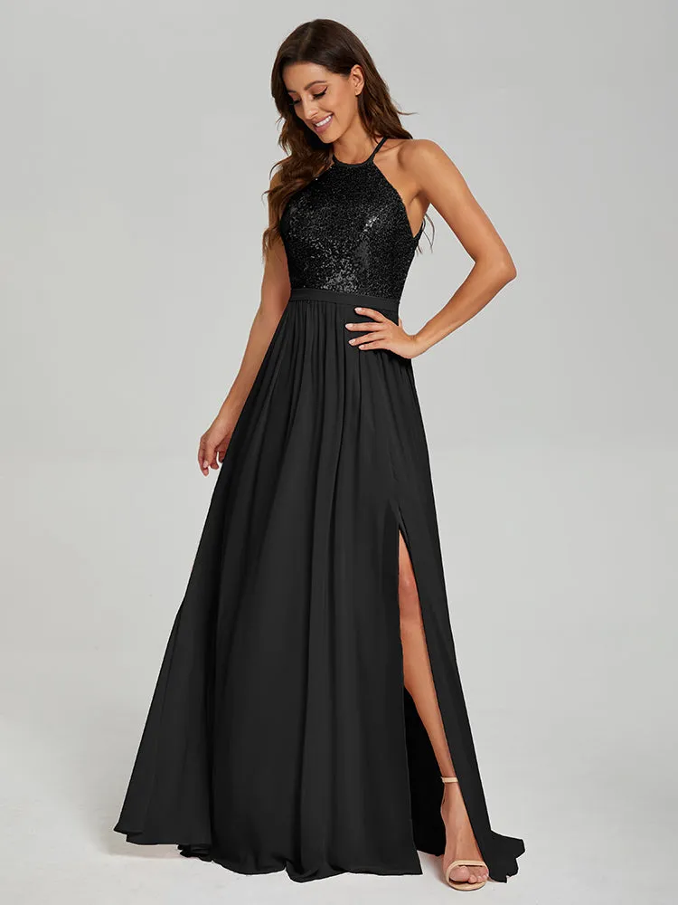 Halter A-Line Sequins Prom Dresses With Split