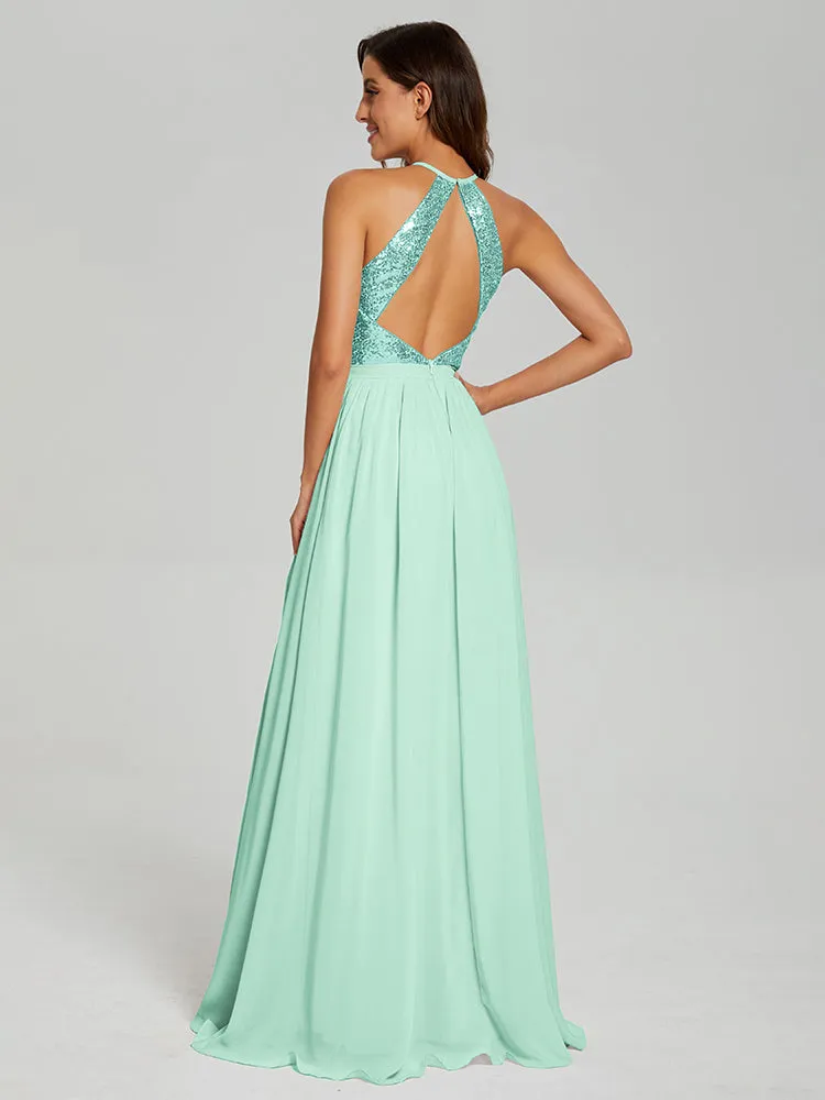 Halter A-Line Sequins Prom Dresses With Split