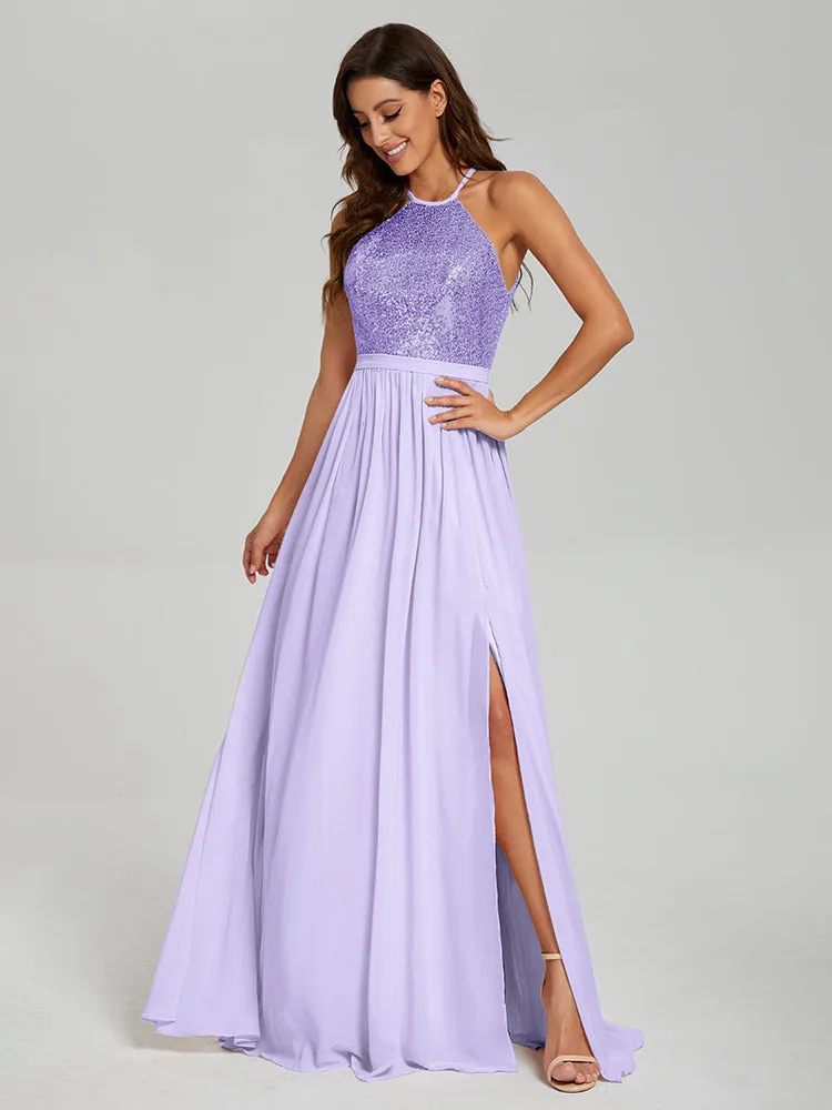 Halter A-Line Sequins Prom Dresses With Split