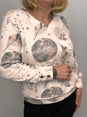 Ilona V Neck Sweatshirt/Jumper  Taupe cream print 1