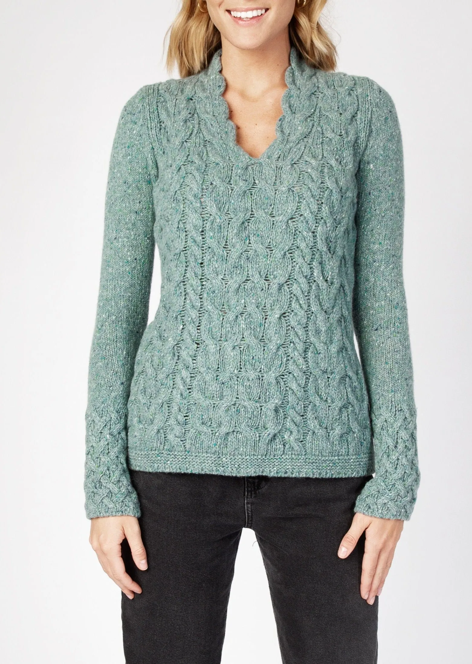 IrelandsEye Women's V Neck Aran Sweater | Ocean Mist