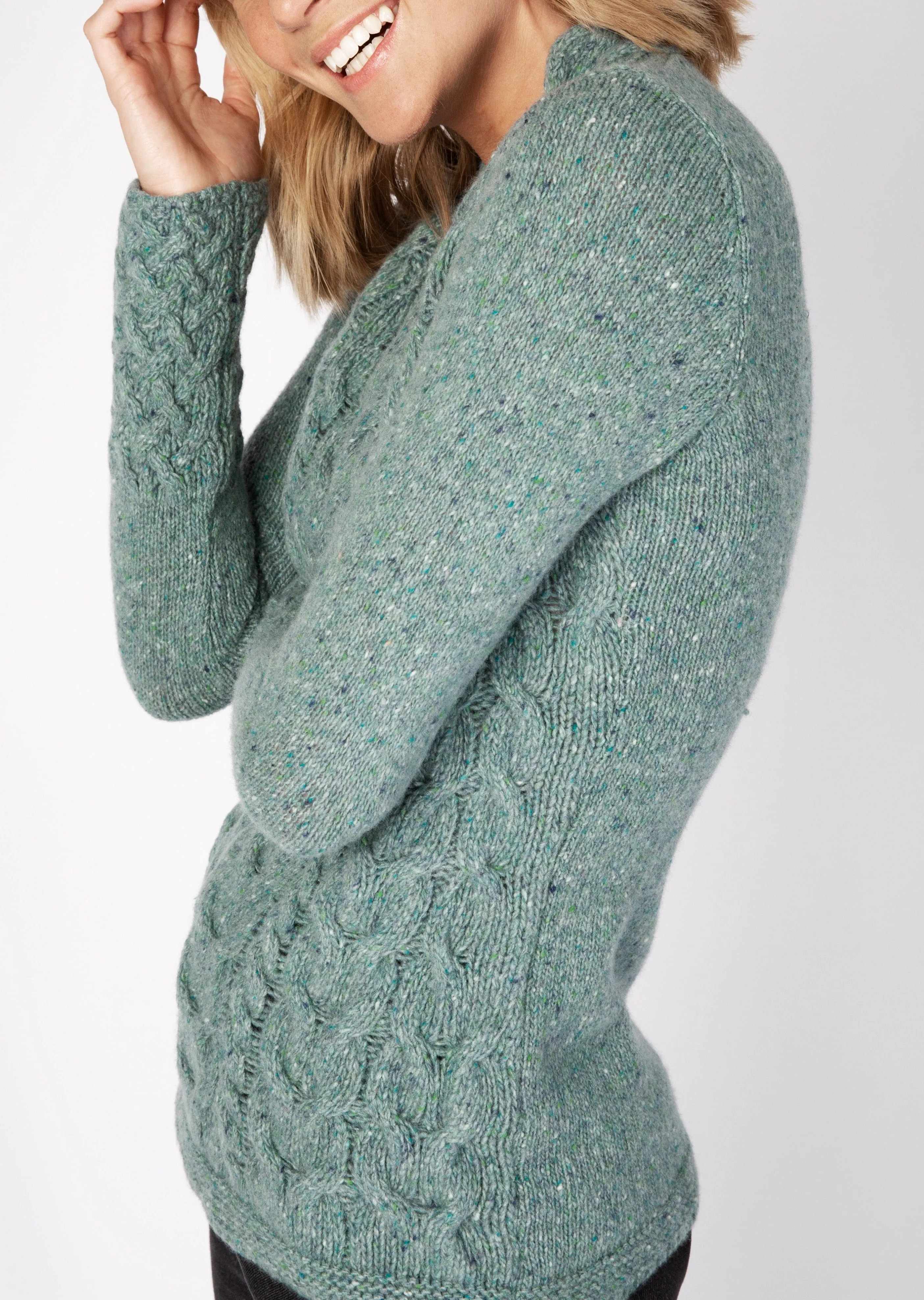 IrelandsEye Women's V Neck Aran Sweater | Ocean Mist