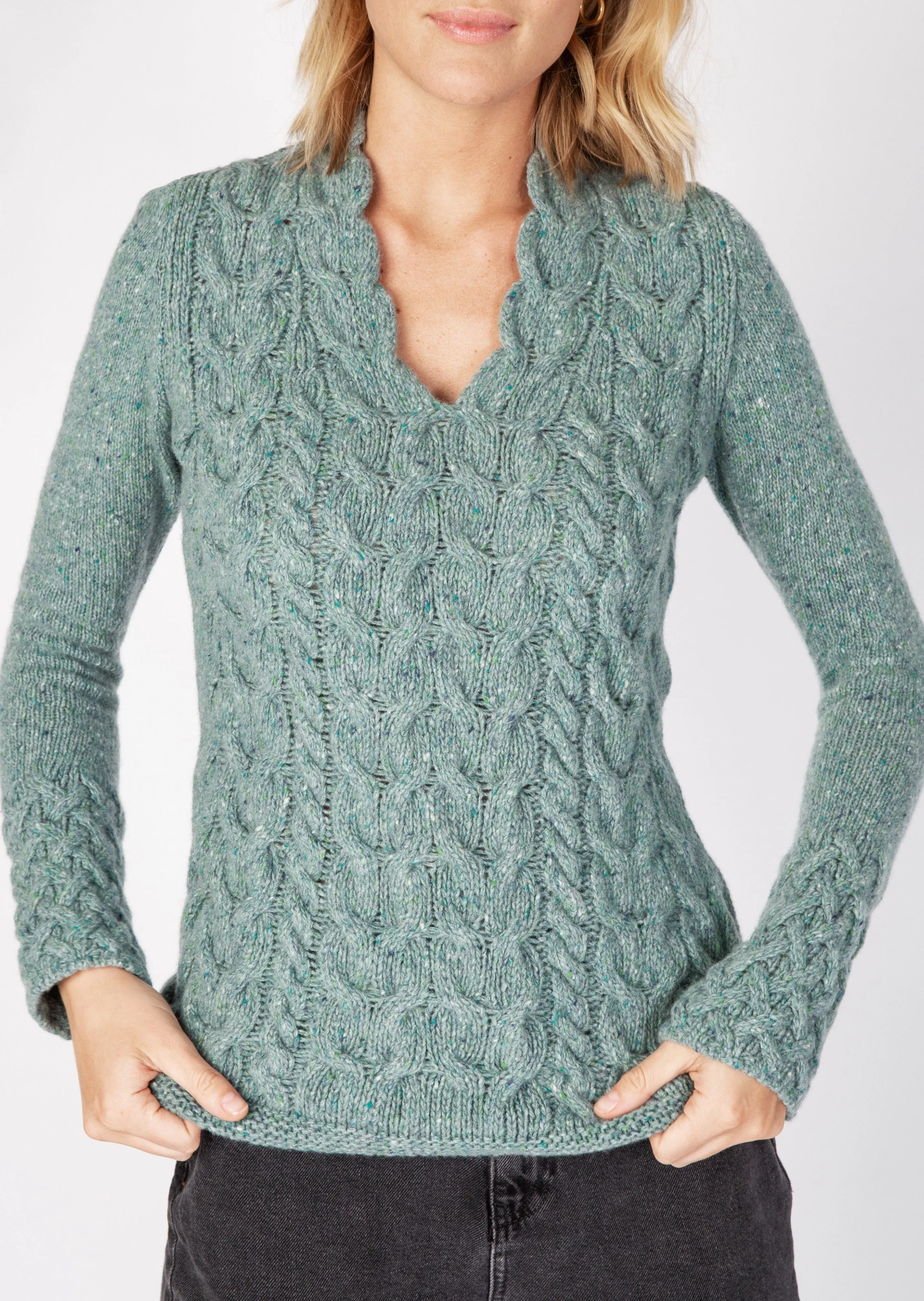 IrelandsEye Women's V Neck Aran Sweater | Ocean Mist