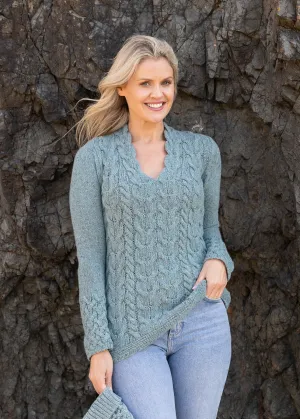 IrelandsEye Women's V Neck Aran Sweater | Ocean Mist