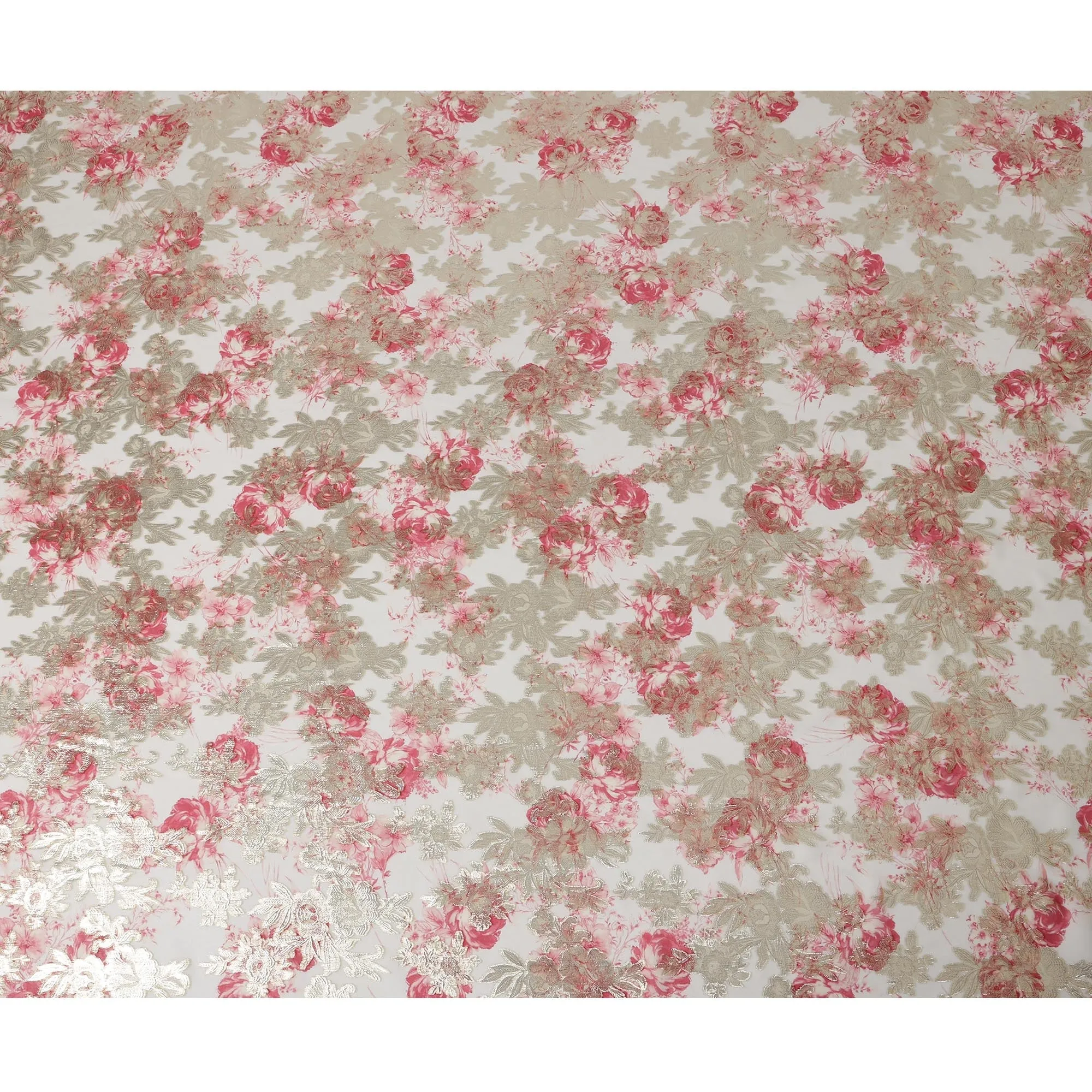 Ivory Floral Silk Chiffon Fabric with Metallic Lurex, Width 140 cm, South Korea-D21266