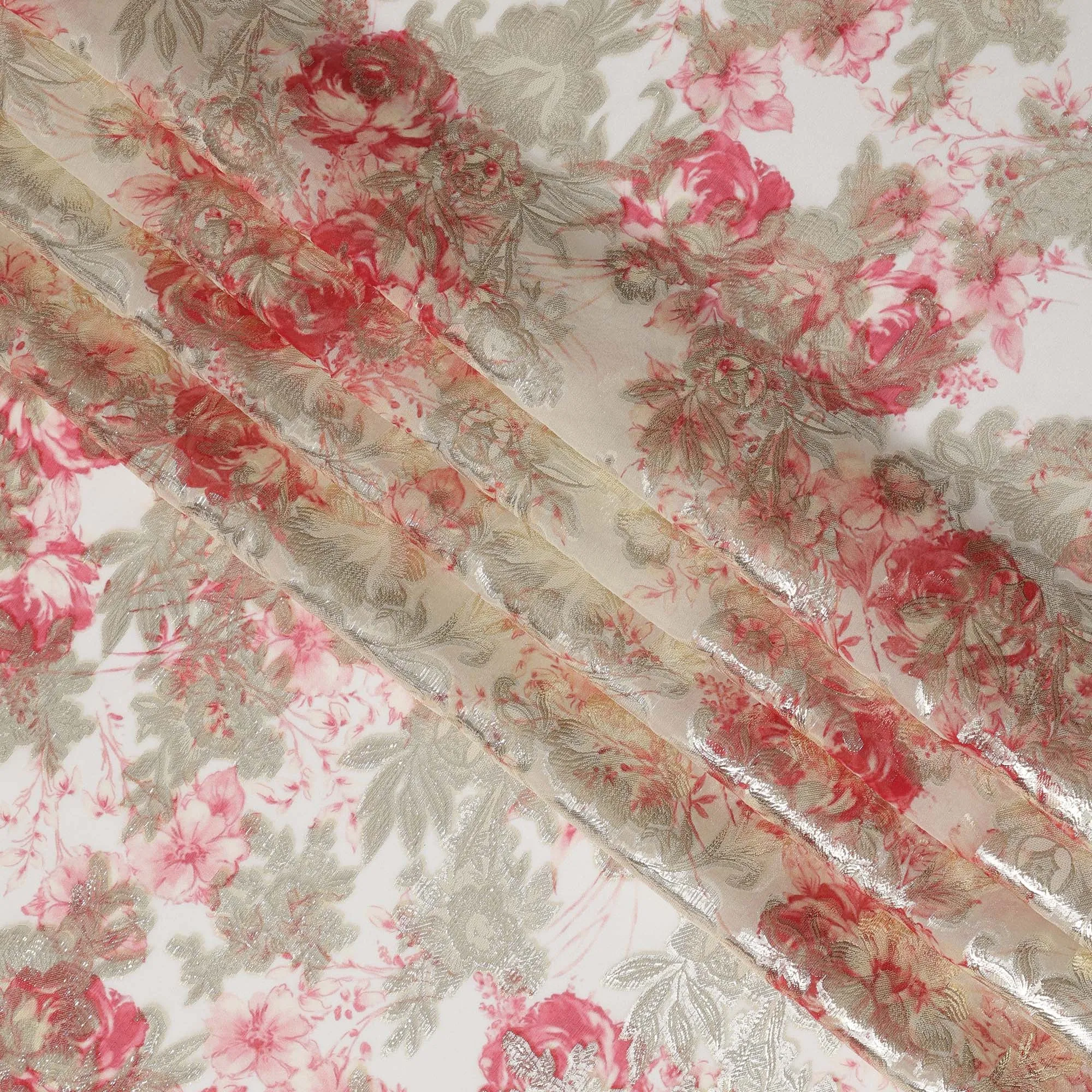 Ivory Floral Silk Chiffon Fabric with Metallic Lurex, Width 140 cm, South Korea-D21266