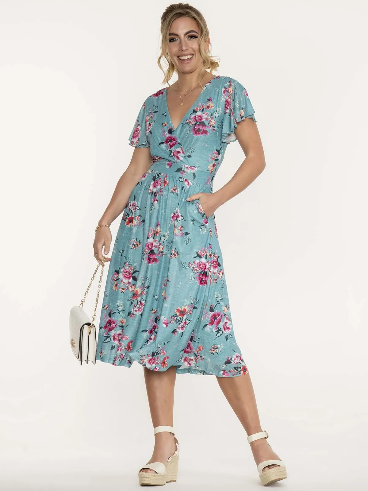 Jolie Moi Kiley Wrap Front Mesh Dress, Turquoise Floral