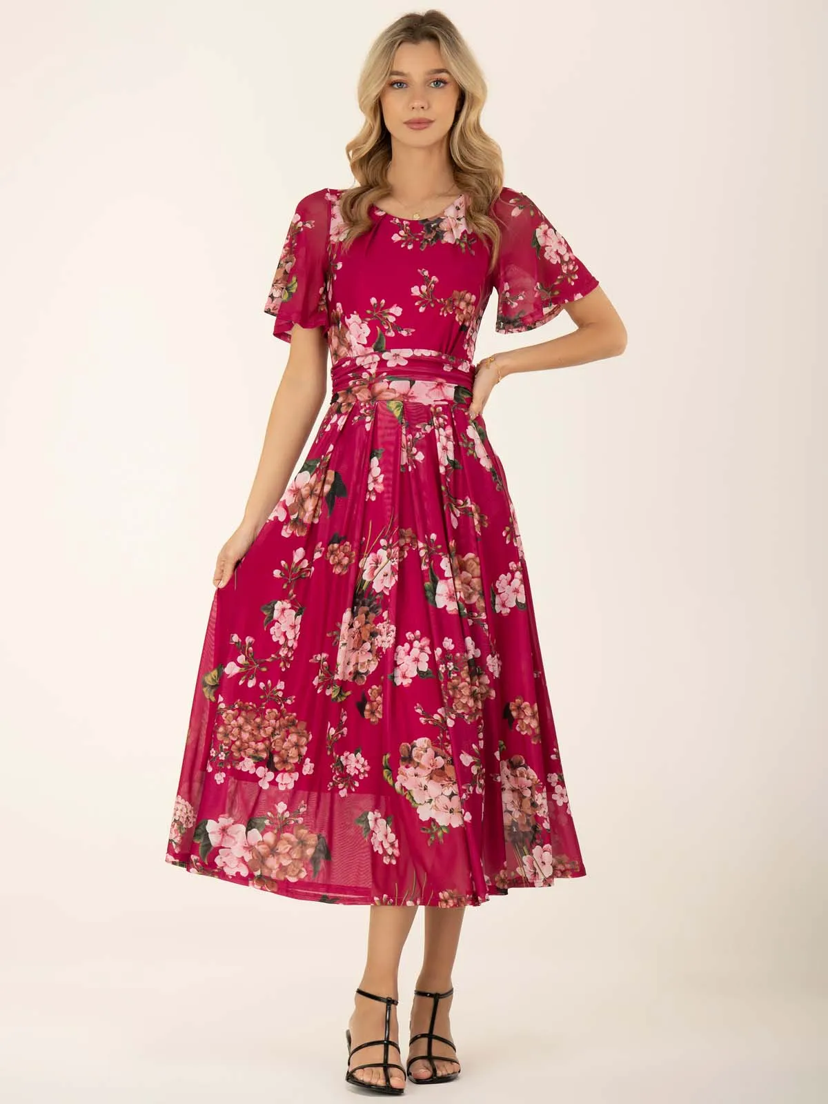 Julita Floral Mesh Midi Dress, Berry