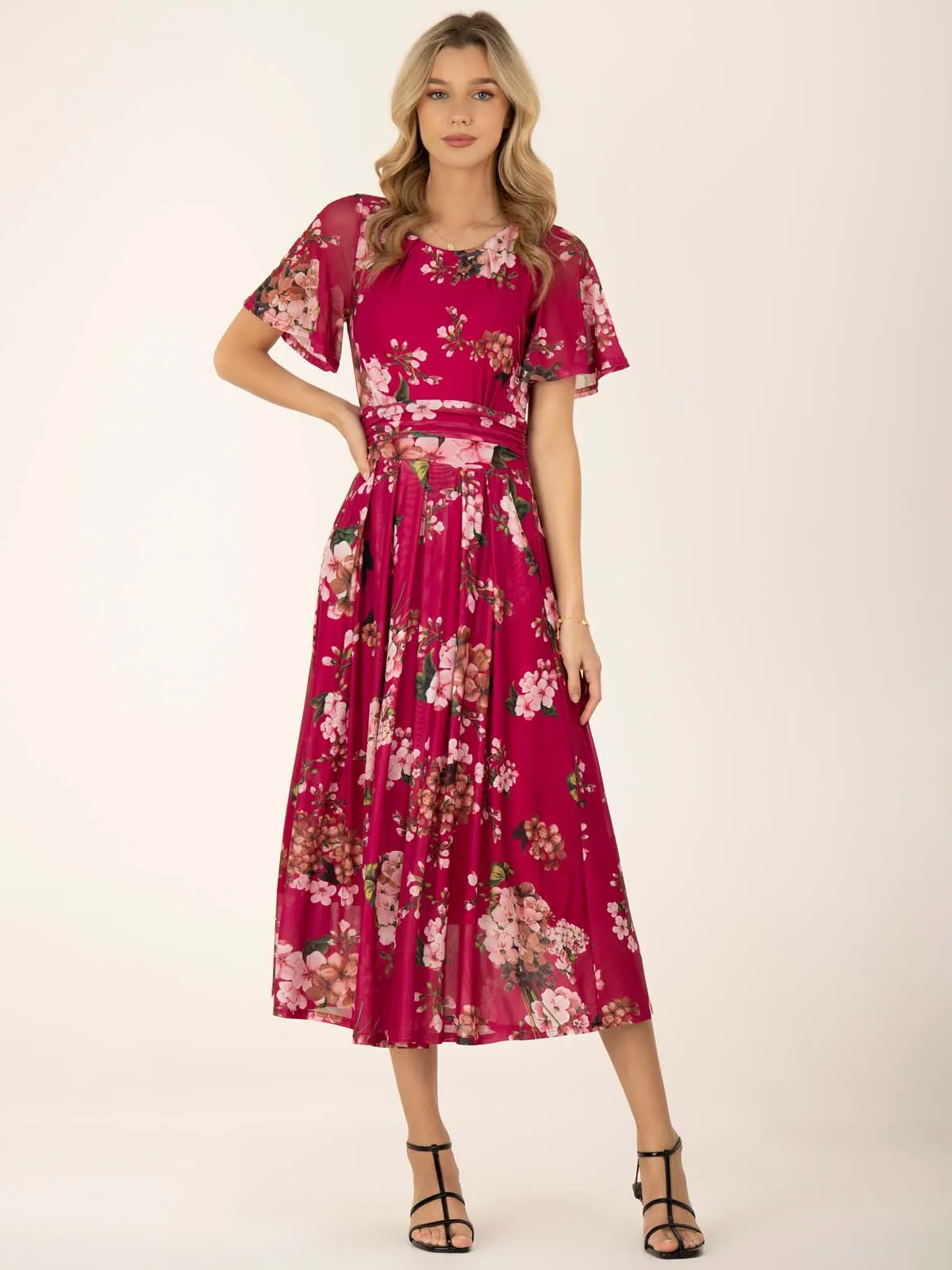 Julita Floral Mesh Midi Dress, Berry