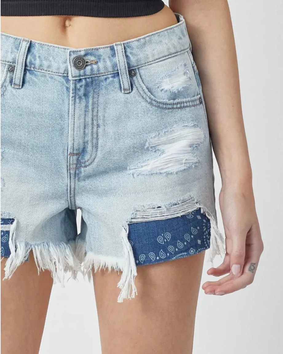 Kenzie LIGHT WASH BANDANA PRINT DISTRESSED MID RISE SHORTS