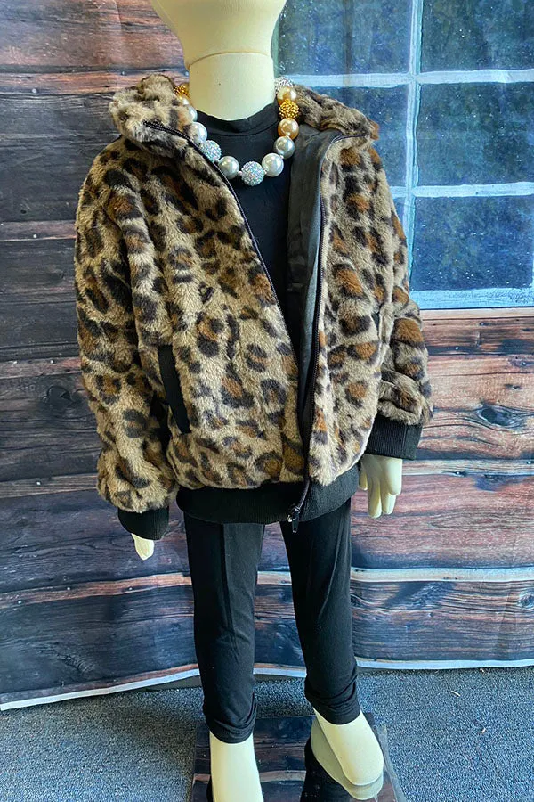 Kids Leopard Print Flannel Zipper Jacket DLH2643