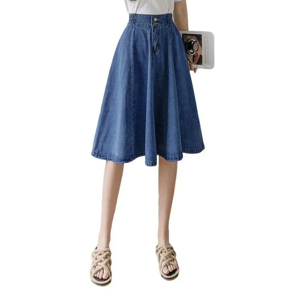 Knee-length flare denim skirt