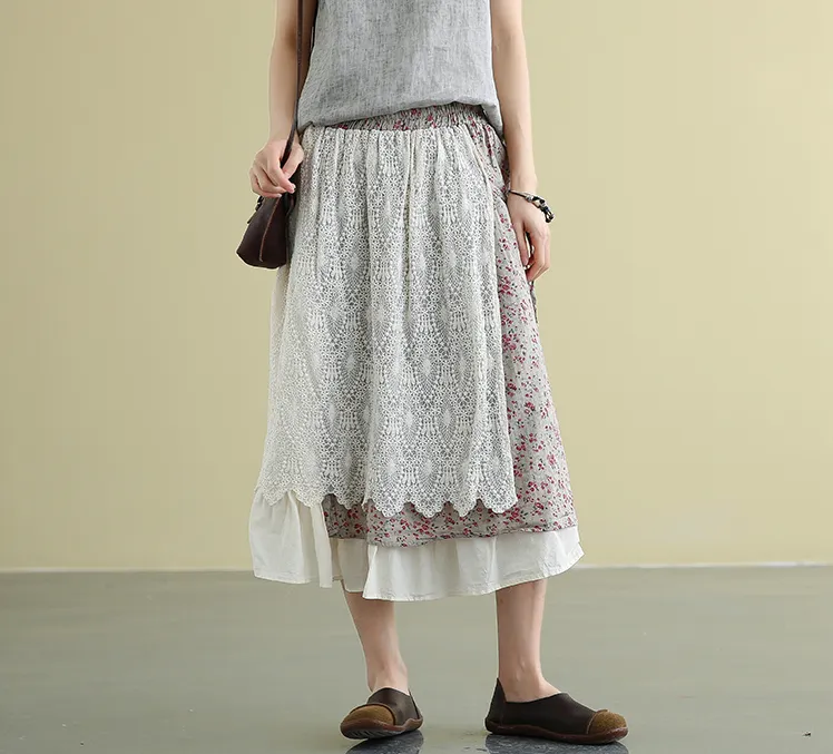 lace Casual Cotton Linen loose fitting Women's Skirts DZA2007213