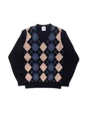 LAMBSWOOL ARGYLE V NECK SWEATER - NAVY/TAN