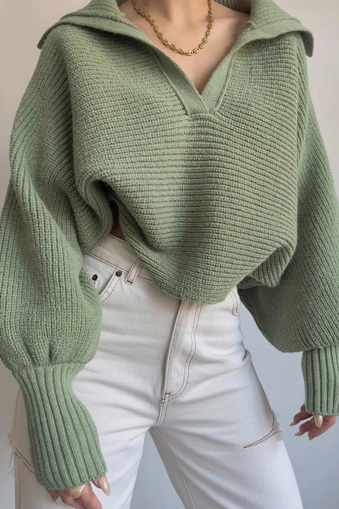 Lapel V Neck Puff Sleeve Sweater