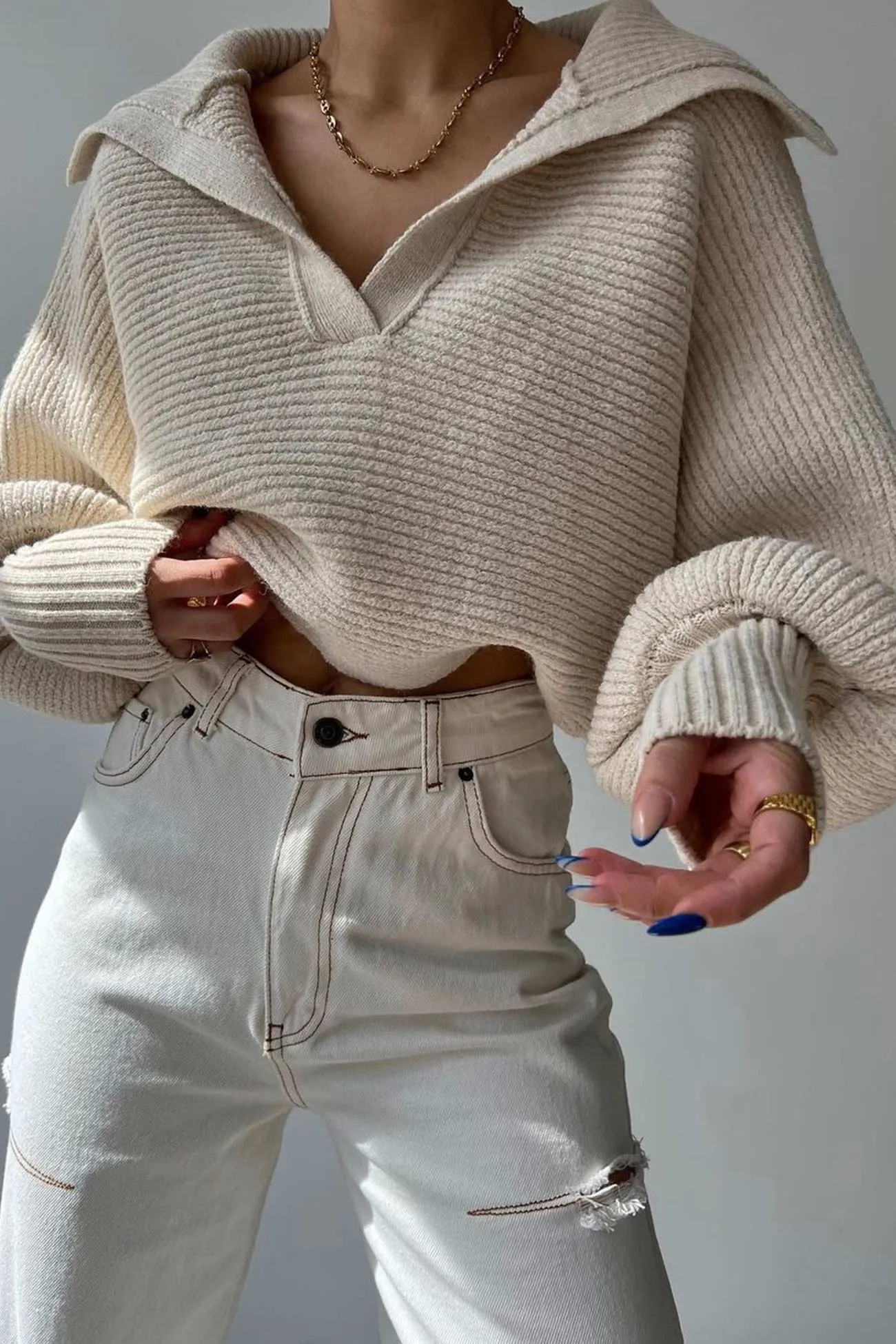 Lapel V Neck Puff Sleeve Sweater