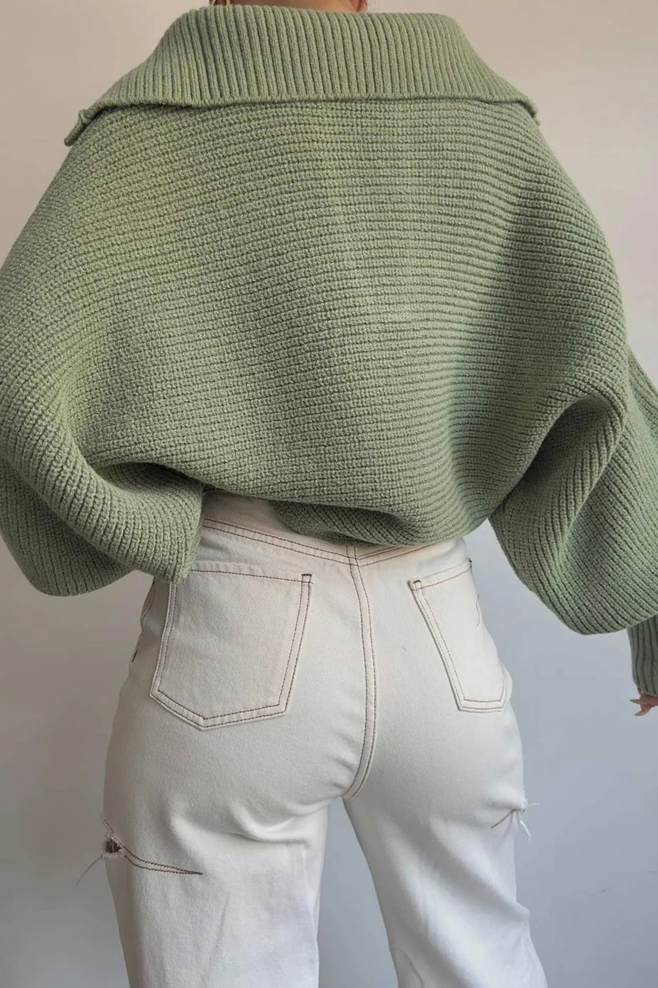 Lapel V Neck Puff Sleeve Sweater