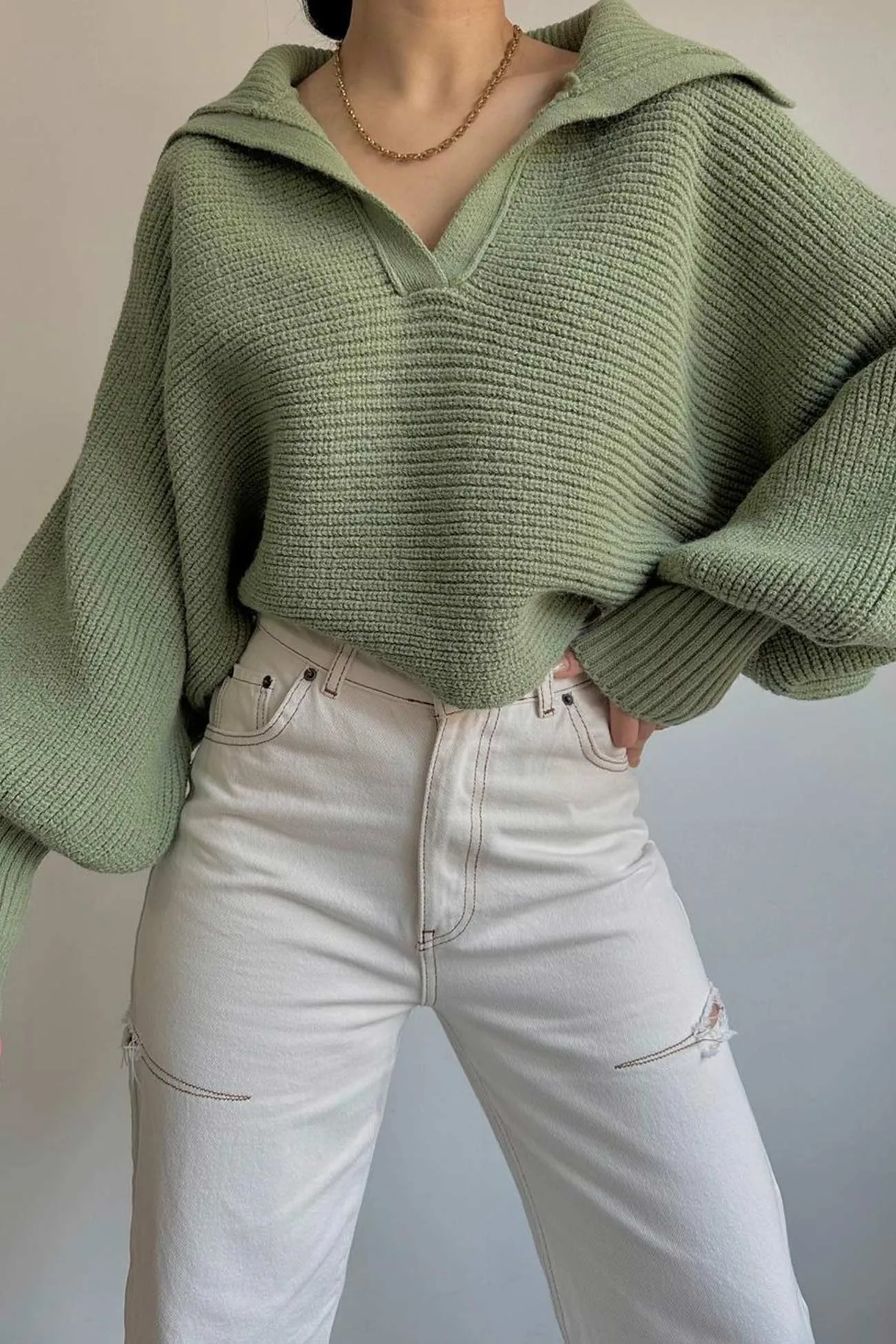 Lapel V Neck Puff Sleeve Sweater