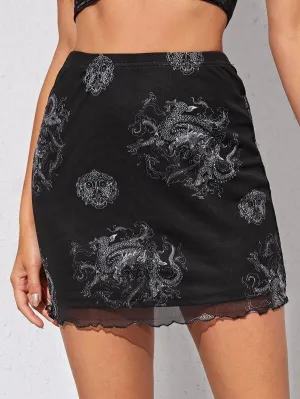 Lettuce Trim Dragon Print Mesh Skirt