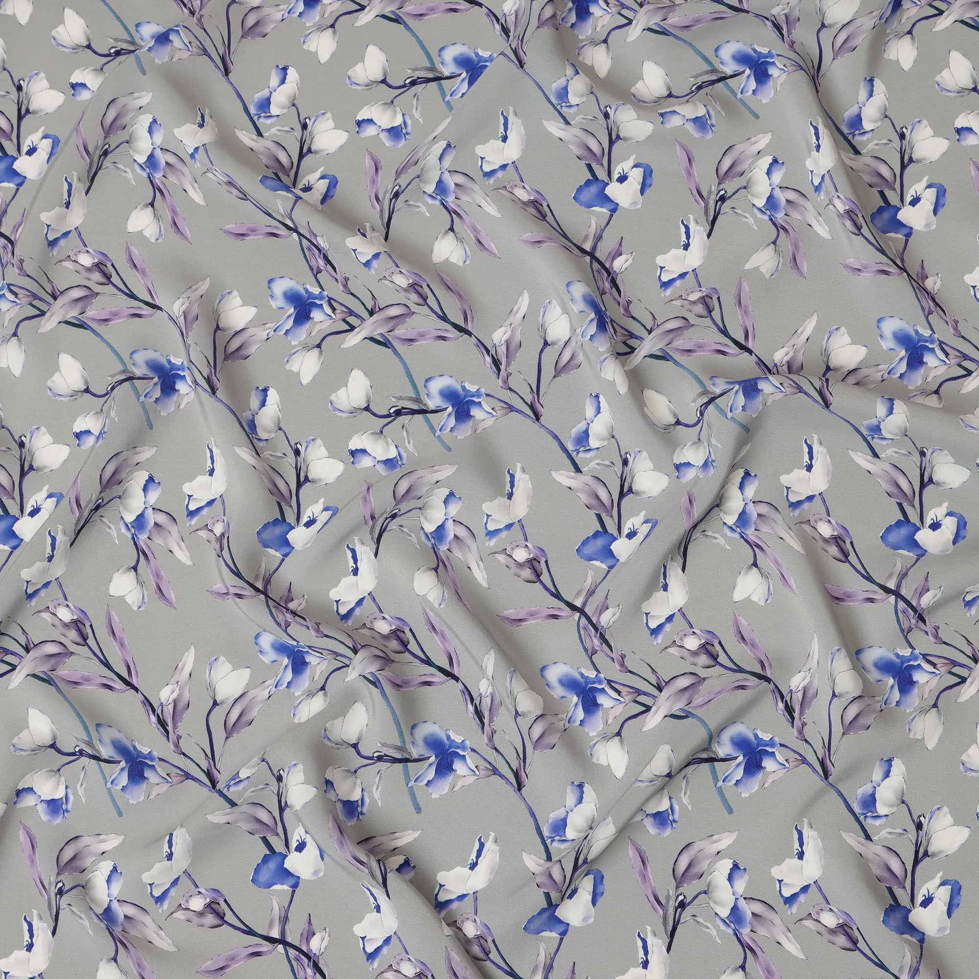 Light Grey Viscose Fabric with Blue and Purple Floral Digital Print, 110 cm Width-D20633