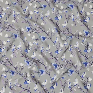 Light Grey Viscose Fabric with Blue and Purple Floral Digital Print, 110 cm Width-D20633