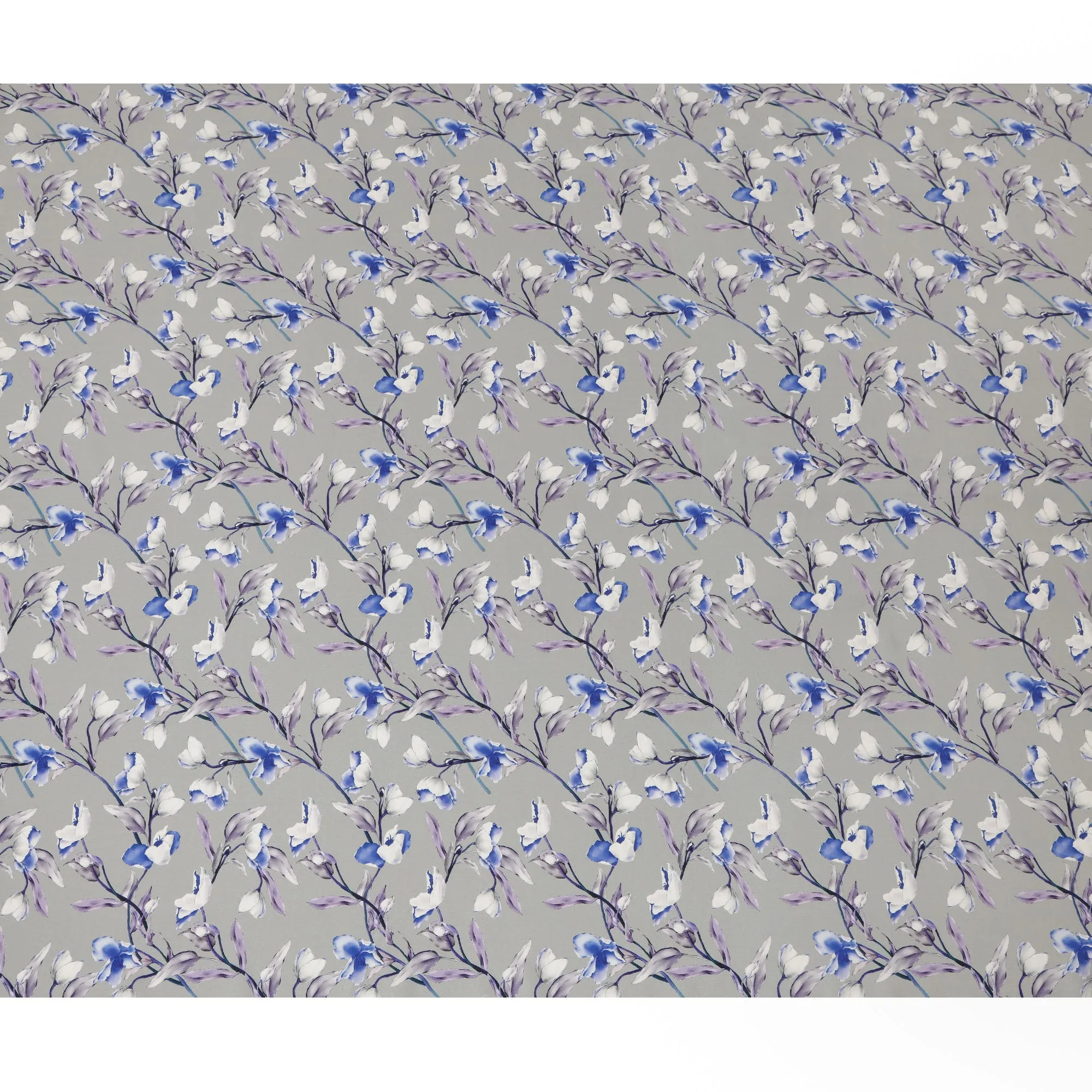 Light Grey Viscose Fabric with Blue and Purple Floral Digital Print, 110 cm Width-D20633