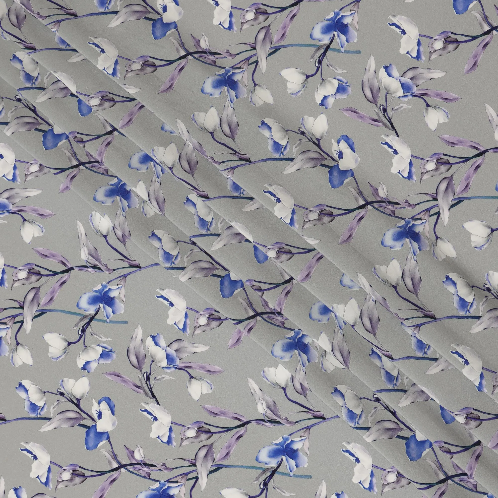 Light Grey Viscose Fabric with Blue and Purple Floral Digital Print, 110 cm Width-D20633