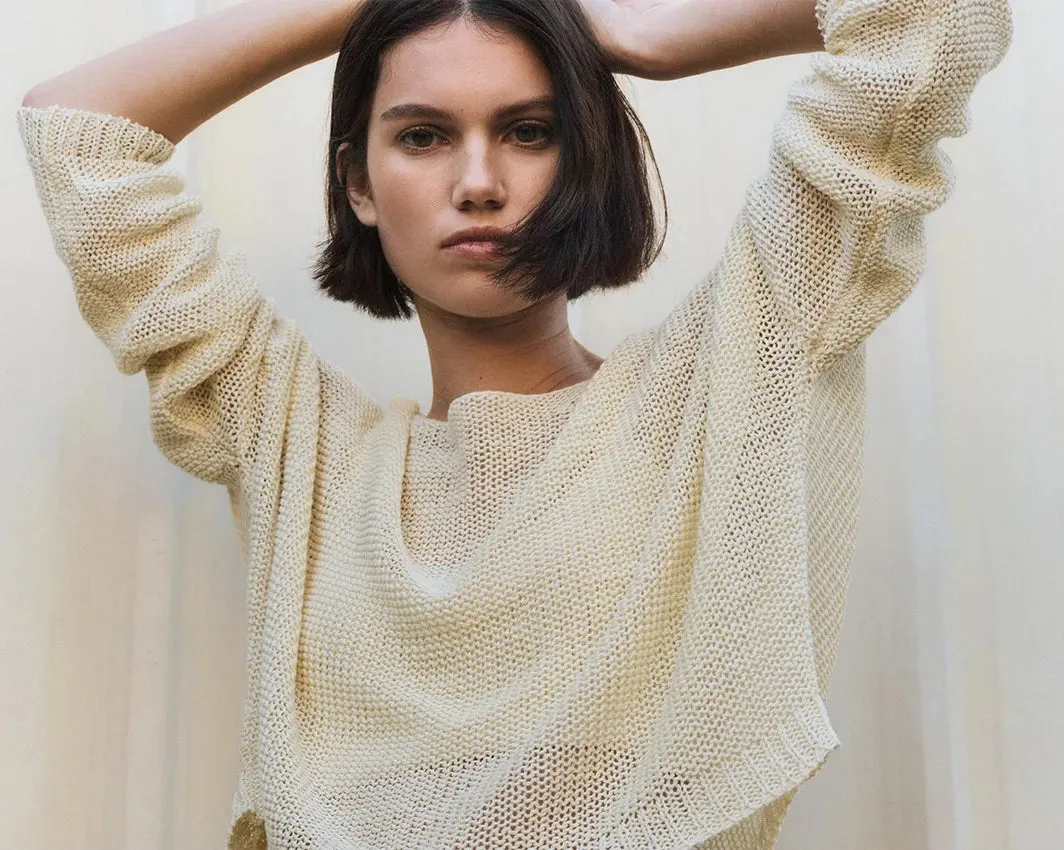 Linen Open Knit Bateau Sweater in Antique Cream