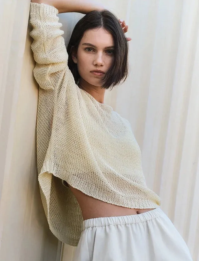 Linen Open Knit Bateau Sweater in Antique Cream