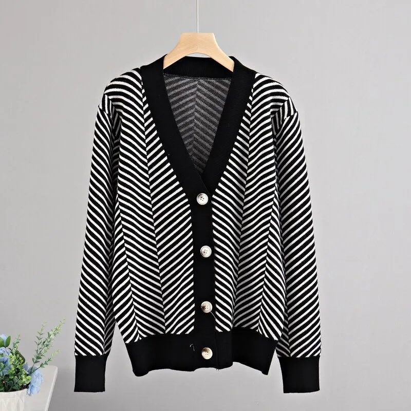 Loose Fit Striped Long Sleeve Knitted Winter Cardigan Sweaters