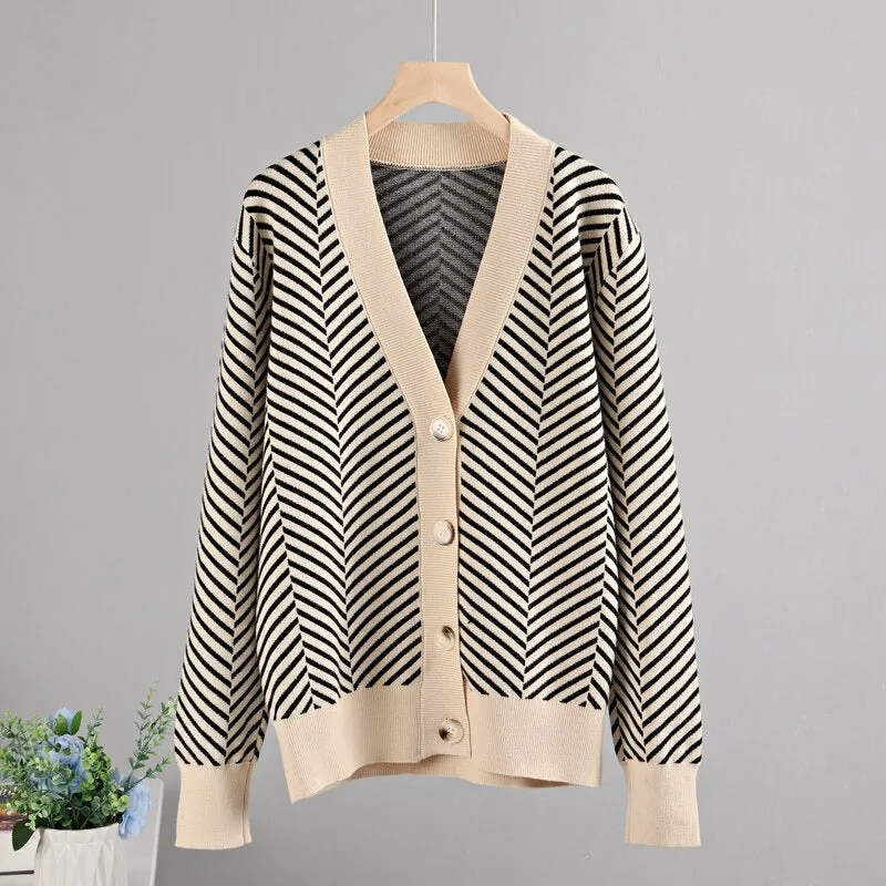 Loose Fit Striped Long Sleeve Knitted Winter Cardigan Sweaters