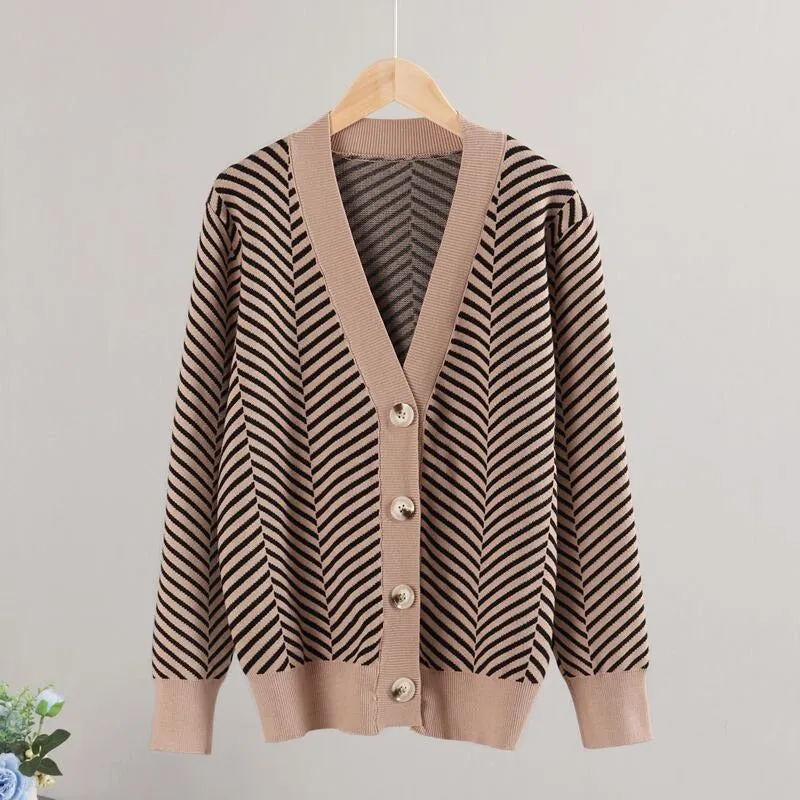 Loose Fit Striped Long Sleeve Knitted Winter Cardigan Sweaters