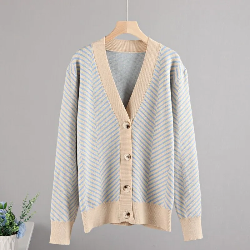 Loose Fit Striped Long Sleeve Knitted Winter Cardigan Sweaters