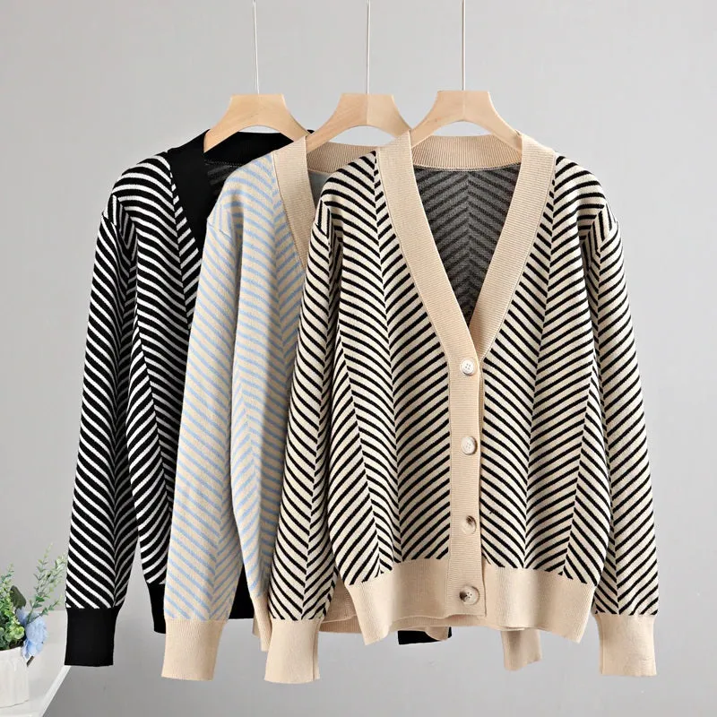 Loose Fit Striped Long Sleeve Knitted Winter Cardigan Sweaters